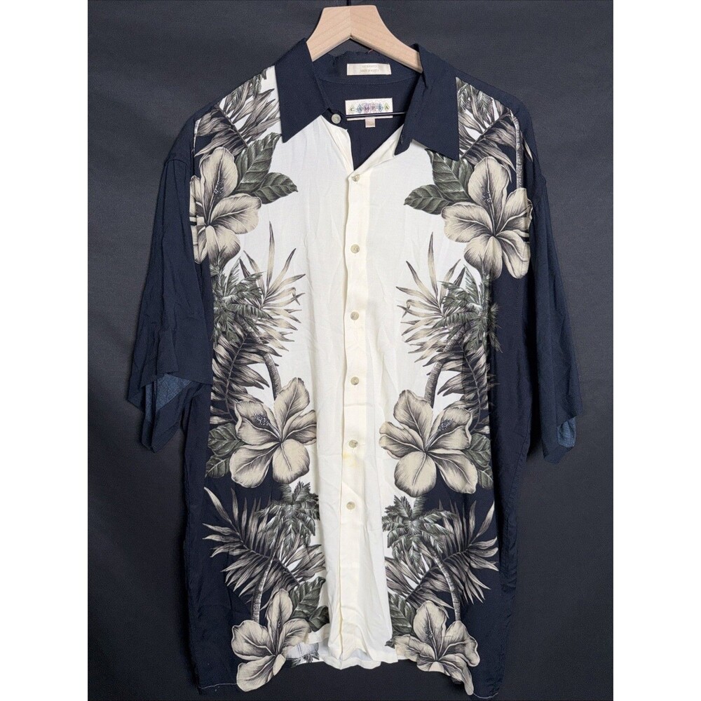 Campia Moda Men's Black Cream Floral Rayon Short Sleeve Shirt - Size L